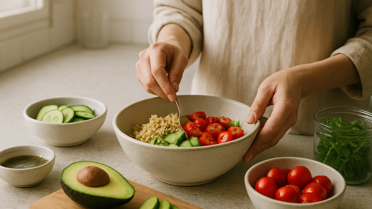 Hands assembling a quick lunch bowl at a home kitchen counter, so