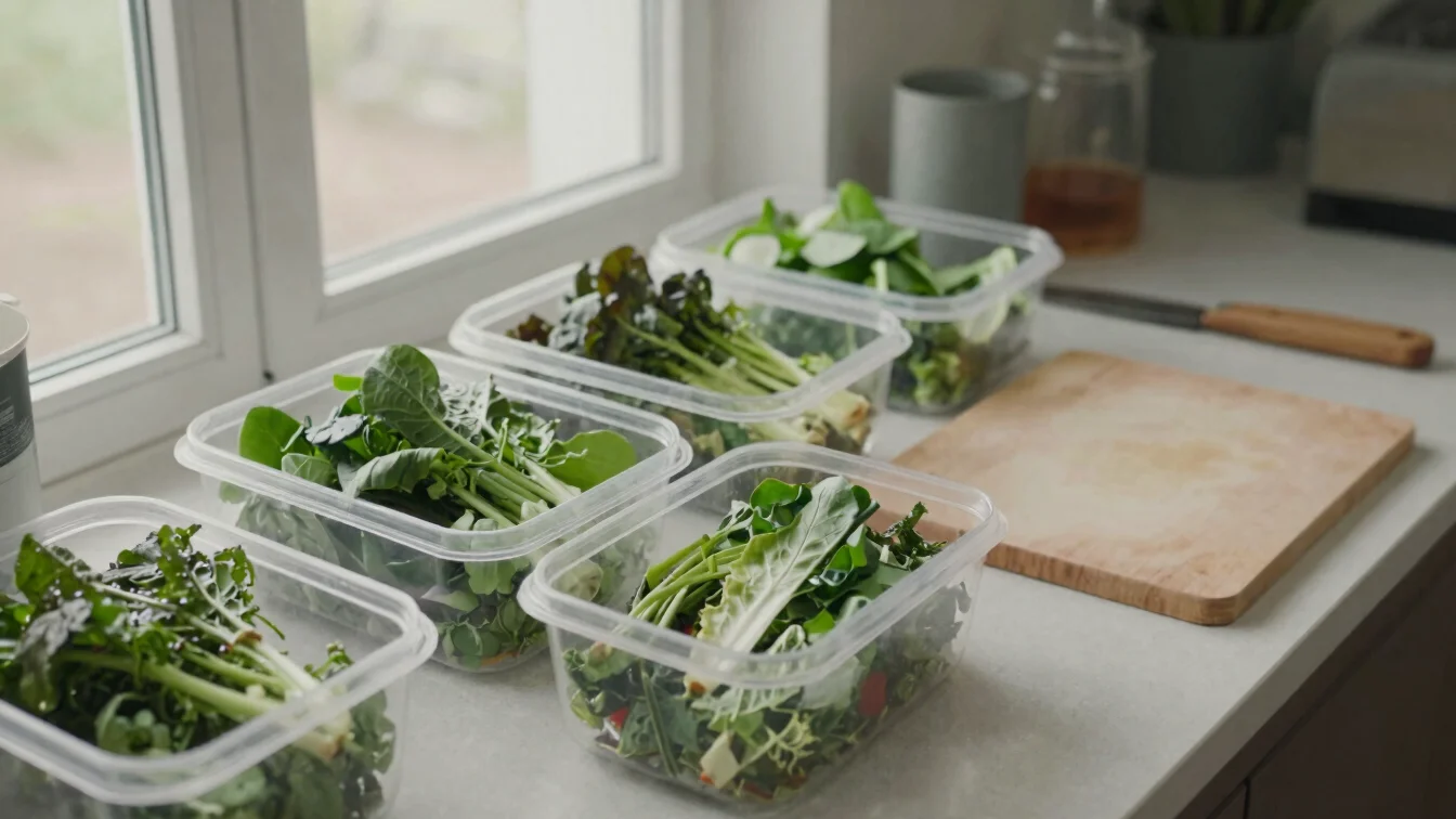 Overhead view of a meal-prep setup with containers, leafy greens