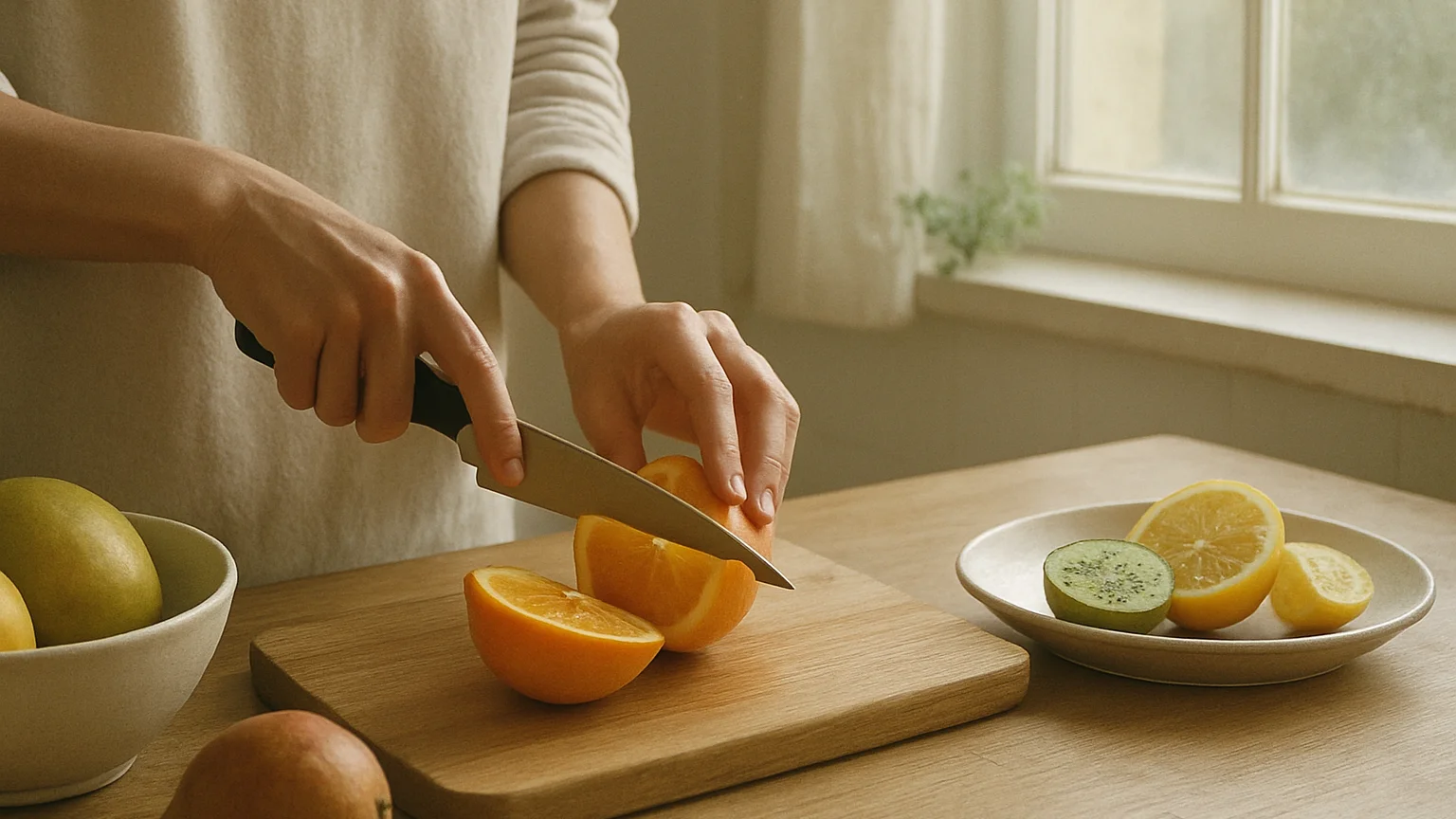 Relaxed close detail of a person slicing fresh fruit at a sunlit