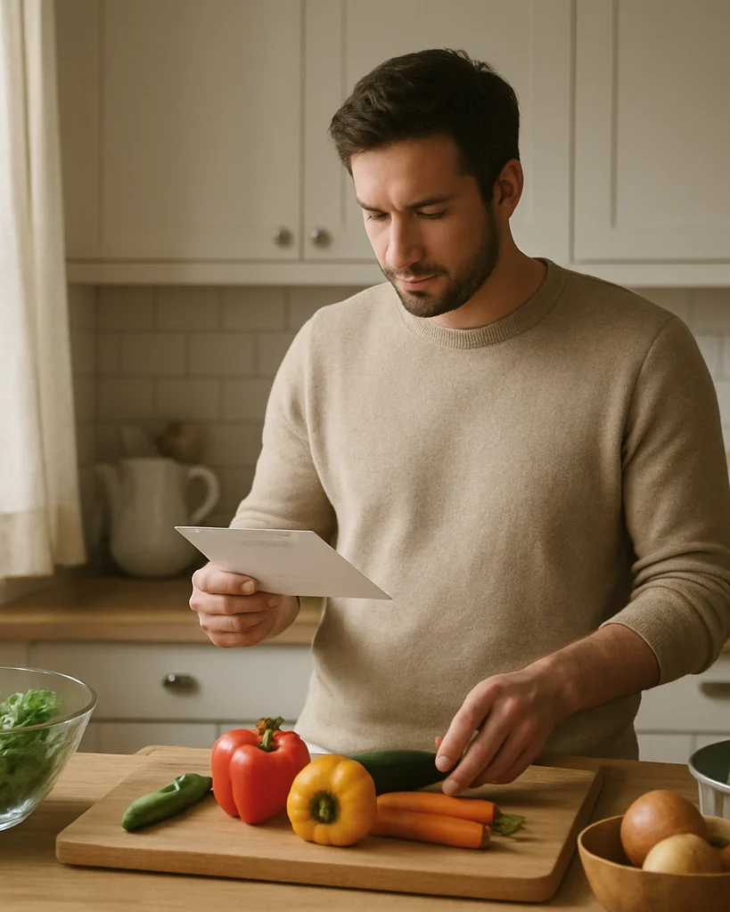 Adult standing in a bright home kitchen reading a recipe card whi