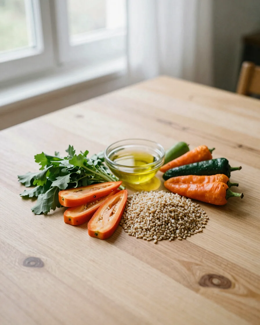 Overhead view of a simple home-cooked meal with fresh vegetables,